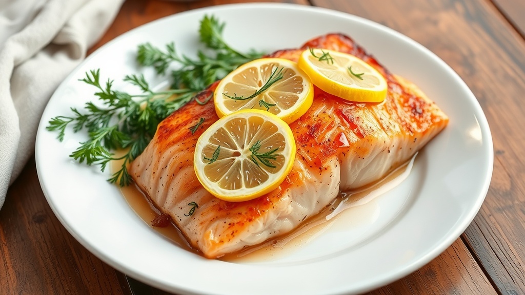 Oven-Baked Salmon with Fresh Dill Oven-baked salmon fillets garnished with dill and lemon slices on a white plate.